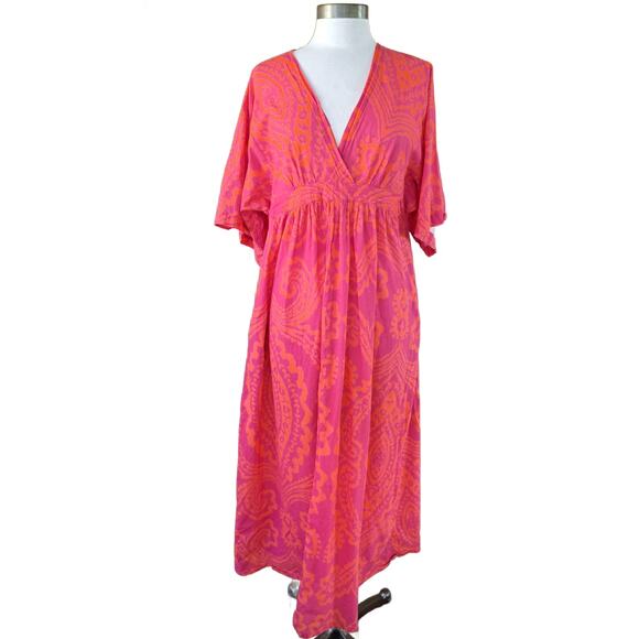 LA PLAGE Vintage Kaftan Maxi Dress Size Medium Pink Orange Resort Beachy Boho - Picture 2 of 10